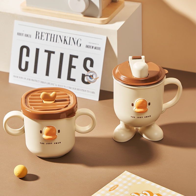 JUDY316不锈钢水杯带盖马克杯高颜值咖啡杯随手杯儿童喝水吸管杯