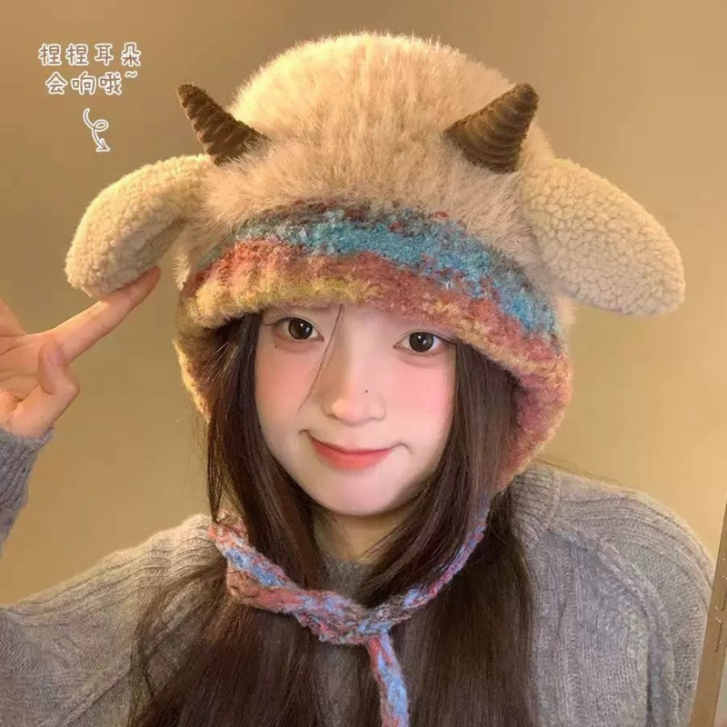 可爱小羊耳朵毛绒针织帽子女秋冬韩版保暖护耳防寒防风头套雷锋帽