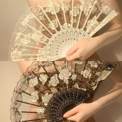 新中式蕾丝玫瑰扇子女夏折扇舞蹈专用古风折叠扇国超仙风马面裙