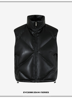 EVC*美式街头解构菱形设计PU皮夹棉立领马甲通勤百搭保暖背心外套