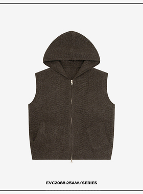 EVC*美式复古25AW树纹提花连帽拉链羊毛混纺针织短宽开衫背心上衣