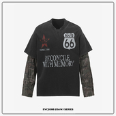 水洗做旧vintage拼接迷彩假两件长袖 EVC 新款 复古秋季 T恤潮牌 美式