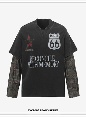 EVC*美式复古秋季新款水洗做旧vintage拼接迷彩假两件长袖T恤潮牌