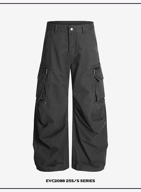 EVC美式街头复古拉链口袋水洗做旧微baggy阔腿工装裤褶皱中性长裤