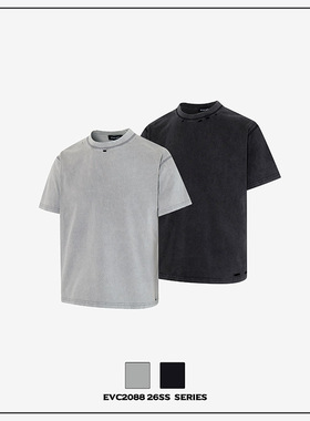 EVC 美式街头复古做旧不规则破洞水洗短袖T恤男女潮嘻哈宽松情侣