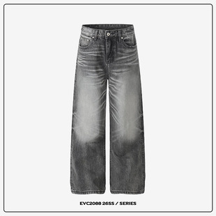 cleanfit春夏vibe男女 高街水洗做旧黑灰猫须直筒牛仔裤 EVC 美式