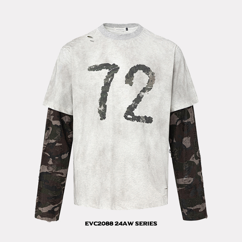 拼接迷彩假两件T恤长袖