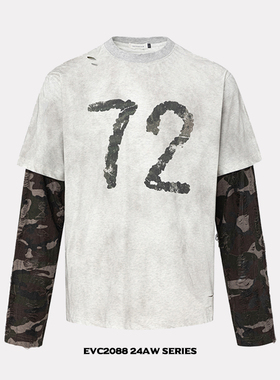 EVC 美式复古拼接迷彩假两件破洞小众设计感T恤男做旧长袖打底衫