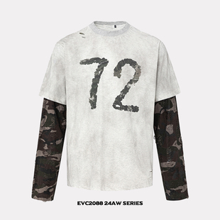打底衫 复古拼接迷彩假两件破洞小众设计感T恤男做旧长袖 美式 EVC