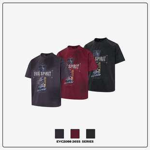 T恤男女宽松情侣上衣潮 复古FREESPIRIT烫钻做旧洗水短袖 EVC 美式