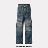 长裤 EVC美式 做旧水洗重工廓形脏染牛仔裤 裤 子潮 多口袋立体工装