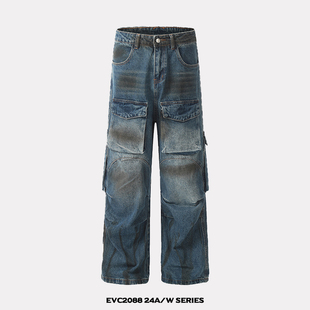 长裤 EVC美式 做旧水洗重工廓形脏染牛仔裤 裤 子潮 多口袋立体工装
