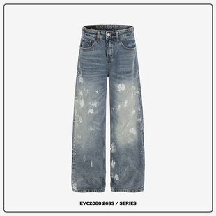 宽松直筒阔腿百搭男女长裤 复古脏染水洗铆钉珠珠牛仔裤 子 美式 EVC