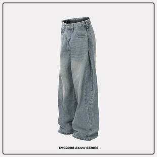 男显瘦 宽松弯刀休闲裤 EVC美式 复古竹节纹baggy阔腿浅蓝水洗牛仔裤