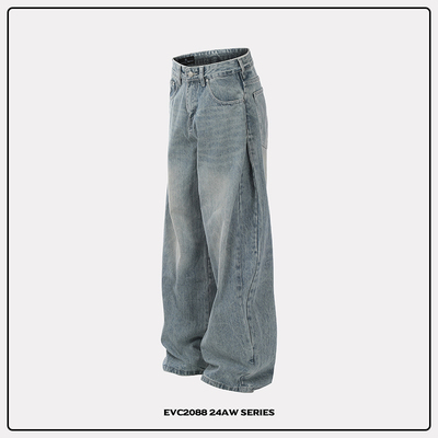 竹节纹baggy阔腿浅蓝水洗牛仔裤