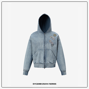 EVC 街头vintage做旧喷马骝水洗斑驳徽章印花短宽连帽卫衣潮 美式