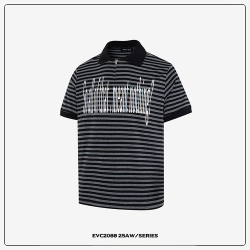 EVC 美式复古经典黑灰条纹polo领短袖微正肩短款T恤街头Martin潮