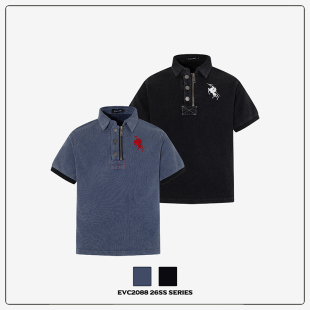 水洗华夫格vintage街头短款 复古26SS战马刺绣polo短袖 T恤 美式 EVC