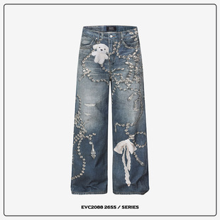 印花链条小熊蝴蝶vtg牛仔裤 3D数码 复古阔腿宽松长裤 良心平替
