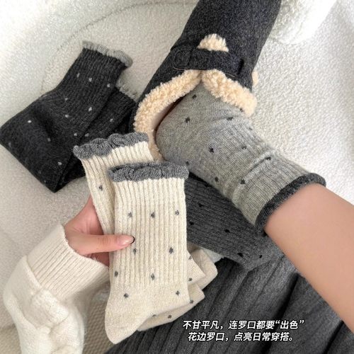 波点加绒袜子女中筒袜秋冬季保暖加厚长袜配勃肯鞋冬天堆堆袜