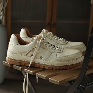 头层牛皮手工鞋 真皮厚底透气德训小白鞋 英伦做旧舒适板鞋 休闲男鞋