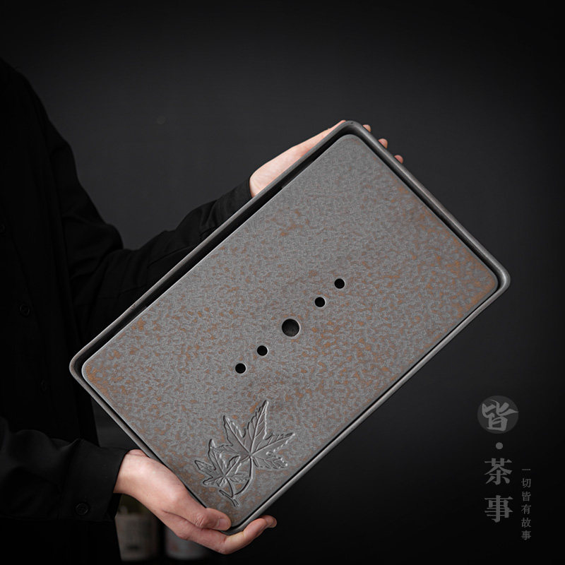 鎏金复古陶瓷茶盘家用客厅功夫茶具干泡盘托盘储水式长方托盘茶台