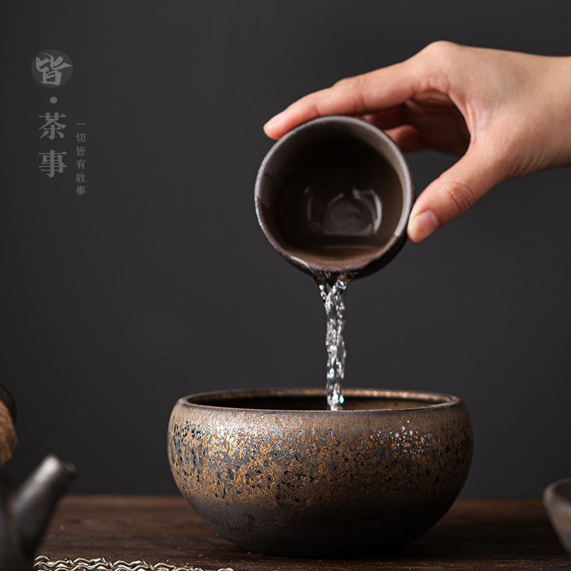 鎏金陶瓷茶洗中式功夫茶具茶道家用小号杯洗笔洗水盂建水茶渣缸
