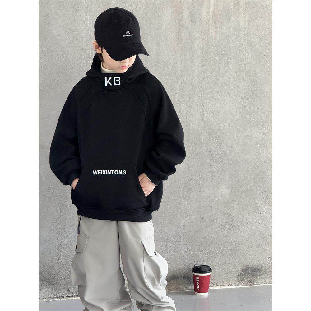 男童一体绒连帽卫衣秋冬2025新款中大童冬季儿童加绒加厚打底衫潮