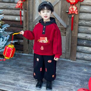 男童红色套装加绒加厚儿童冬季拜年服宝宝卫衣秋冬洋气休闲两件套