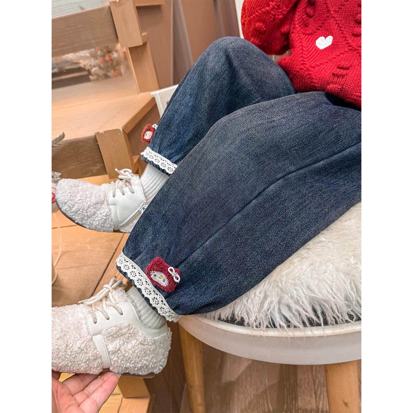 女童冬季牛仔裤2025新款儿童洋气女宝宝宽松百搭休闲加绒直筒长裤