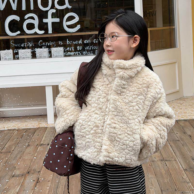 冬季女童软萌短款棉服中大儿童加厚保暖夹棉毛绒立领外套潮