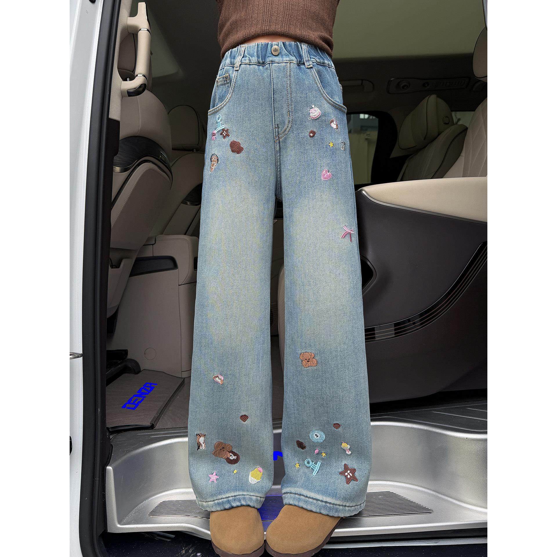 女童加绒牛仔裤冬加厚一体绒2025新款女孩卡通刺绣儿童窄版直筒裤