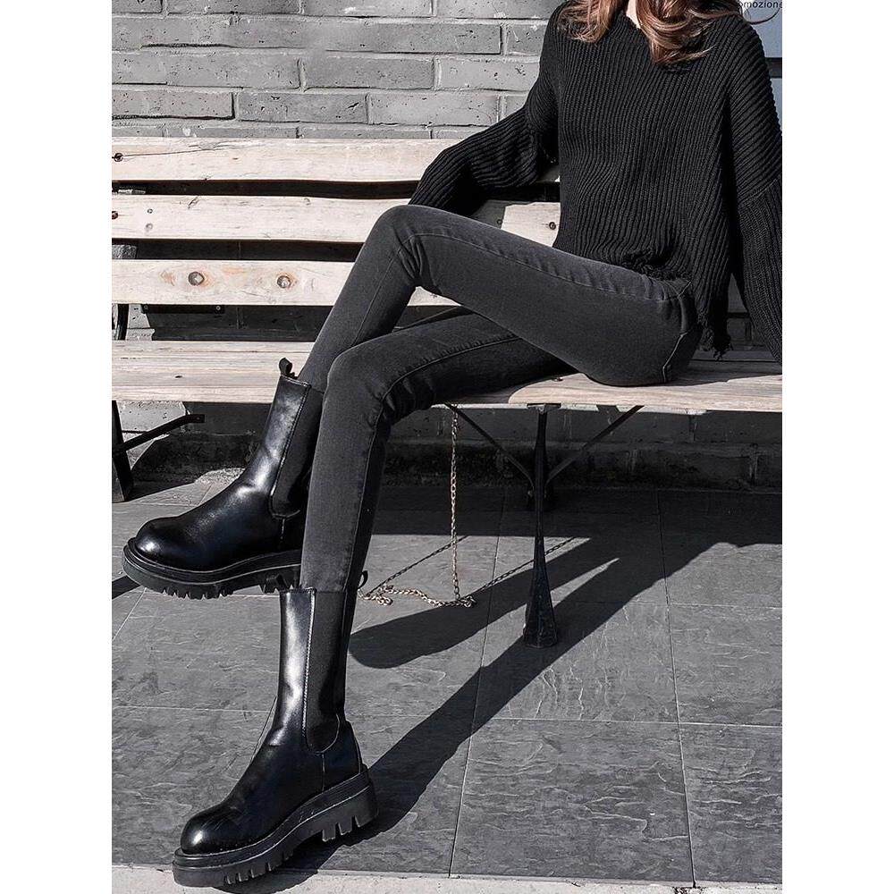 烟灰色小脚牛仔裤女2025年春夏薄款高腰弹力高个子加长版铅笔裤子