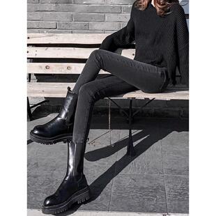 烟灰色小脚牛仔裤女2025年春夏薄款高腰弹力高个子加长版铅笔裤子