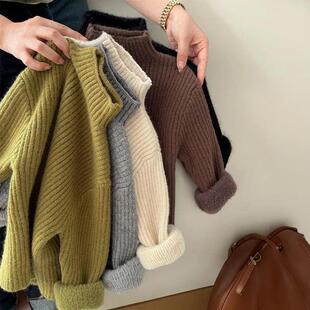 韩国儿童毛衣2025冬款男童半高领纯色加绒打底女童洋气套头针织衫