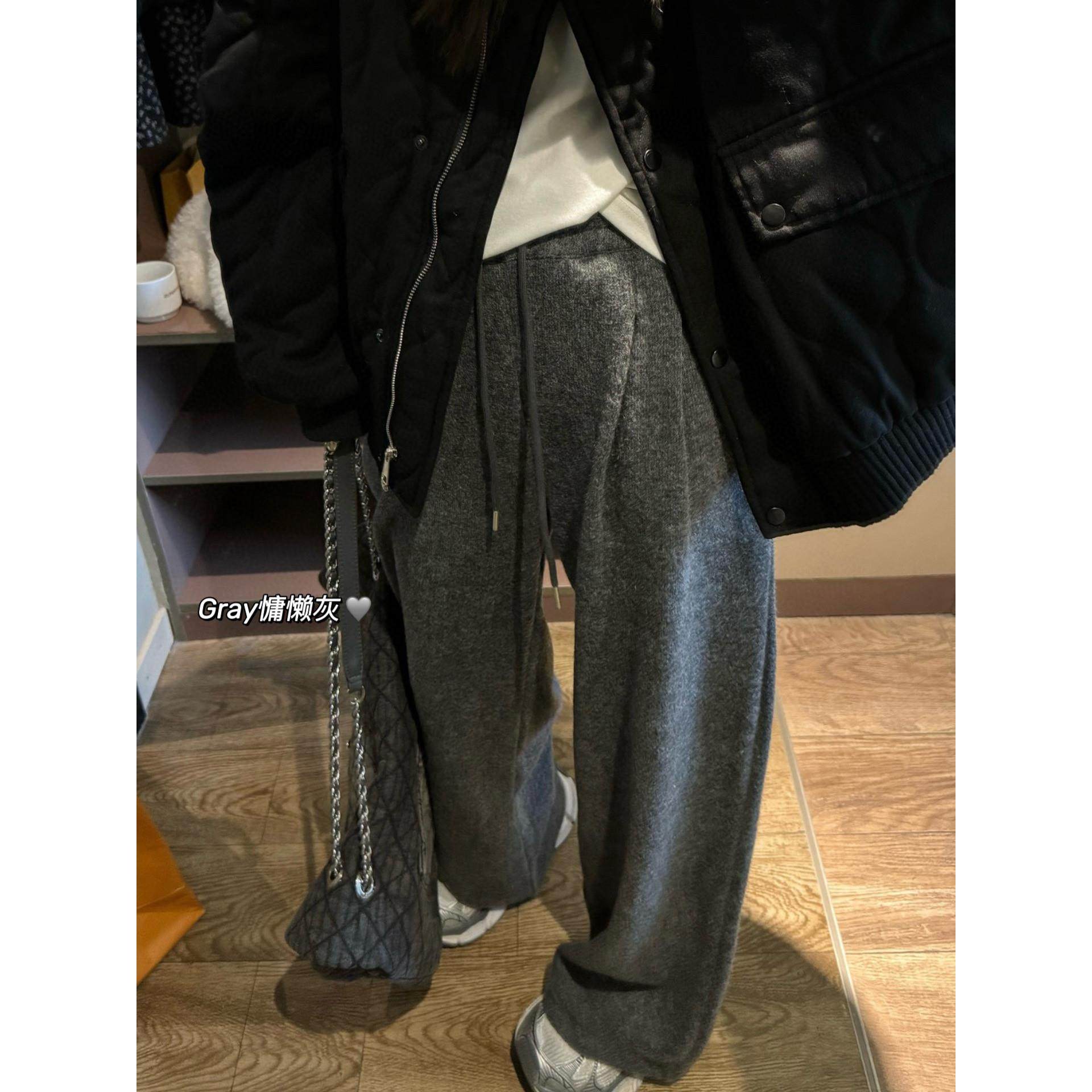 慵懒风灰色直筒裤女冬加绒加厚保暖高腰宽松休闲阔腿运动拖地长裤
