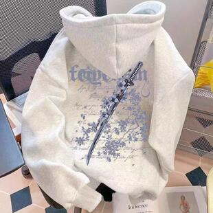 美式高街樱花剑印花连帽卫衣秋冬季男女童宽松百搭潮牌加绒厚上衣