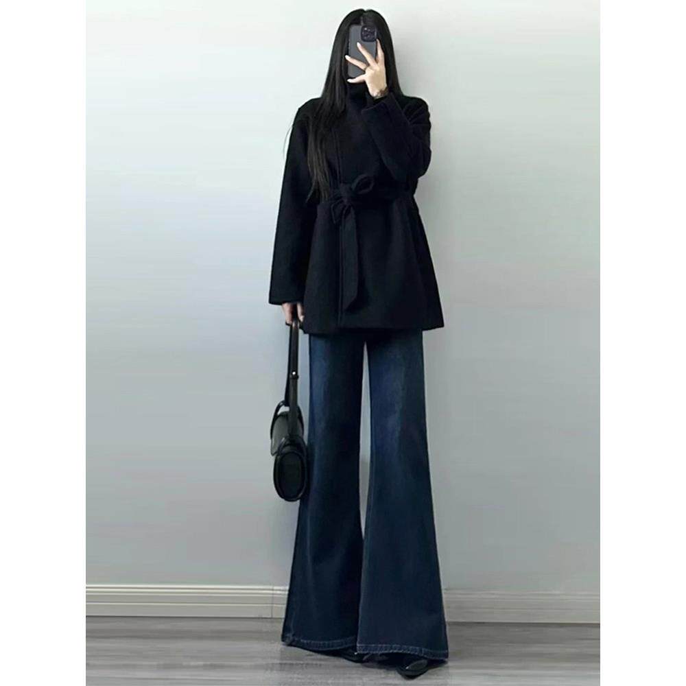 不贴腿微喇叭牛仔裤女高个子遮胯显瘦秋冬季高腰深蓝色宽松阔腿裤