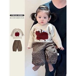 女宝宝冬季加厚针织衫套装女童韩版休闲套头毛衣婴儿保暖百搭裤子