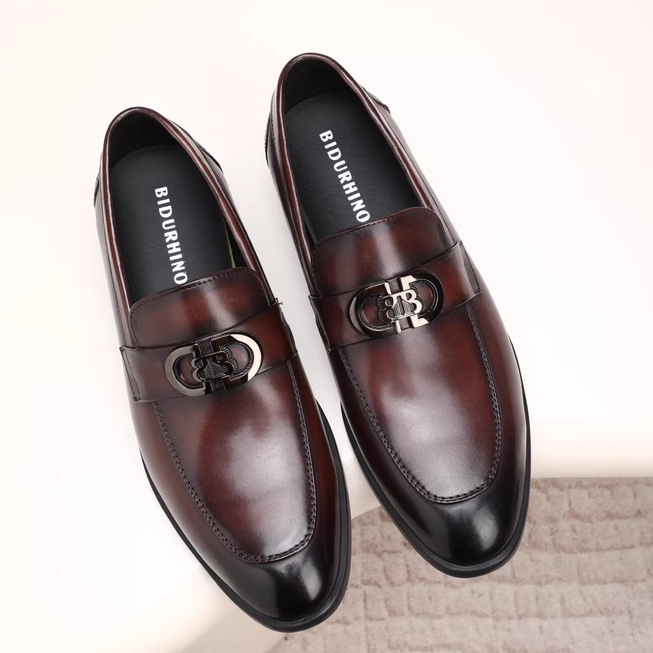 小牛皮豆豆鞋商务舒适广州新款真皮男鞋一脚蹬男鞋经典休闲乐福鞋