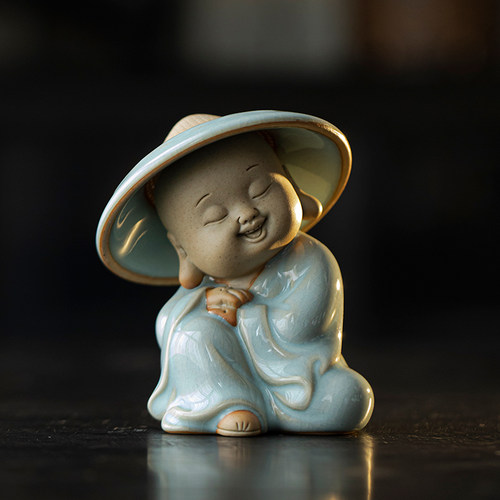 久造汝窑开片小和尚茶宠摆件可养创意陶瓷茶漏茶叶过滤器一体茶滤