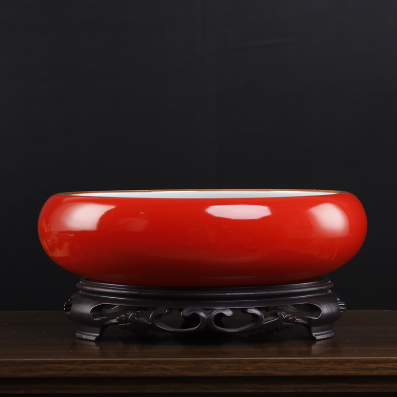 中国风红色大号陶瓷水仙花盆碗莲铜钱草一叶莲绿植专用无孔圆形盆