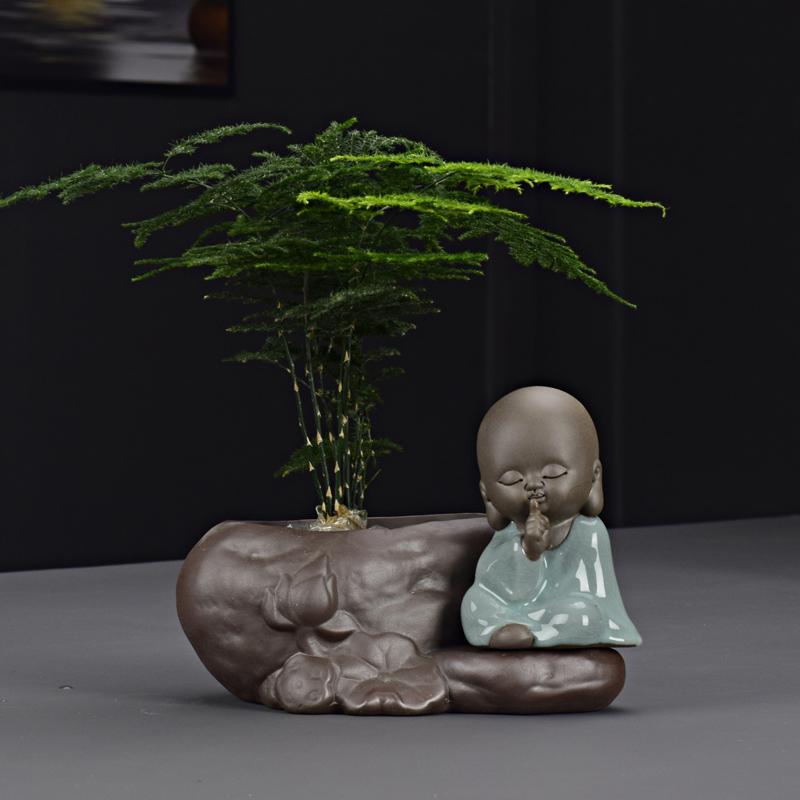 小和尚禅意紫砂花盆摆件