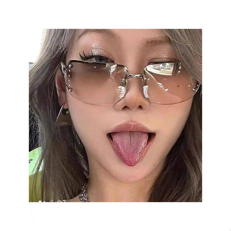 欧美Y2K无框镶钻墨镜女辣妹凹造型ins网红太阳镜防紫外线大框显瘦
