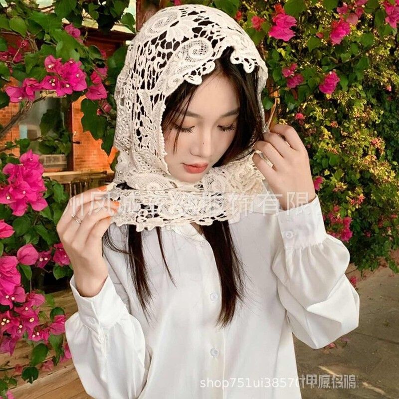 大版水溶蕾丝连帽披肩手工镂空钩花蕾丝披肩帽女旅游拍照头饰复古