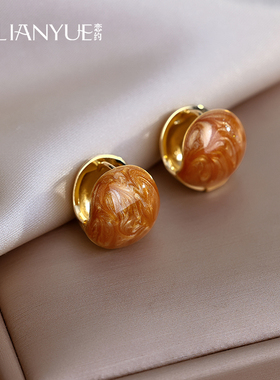 橙色耳环女夏2024年新款潮小众设计感耳夹时尚耳饰高级感气质耳钉