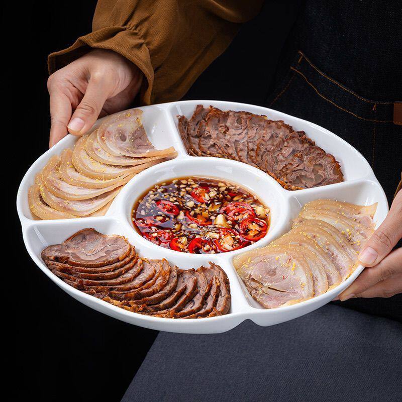 白色五格盘子卤水菜盘拼盘仿瓷果盘点心加厚水果分格塑料圆形拼盘