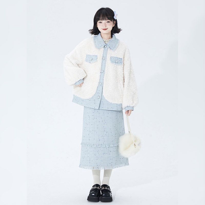 小香风气质高级感外套2025冬季宽松拼接保暖上衣百搭半裙减龄套装