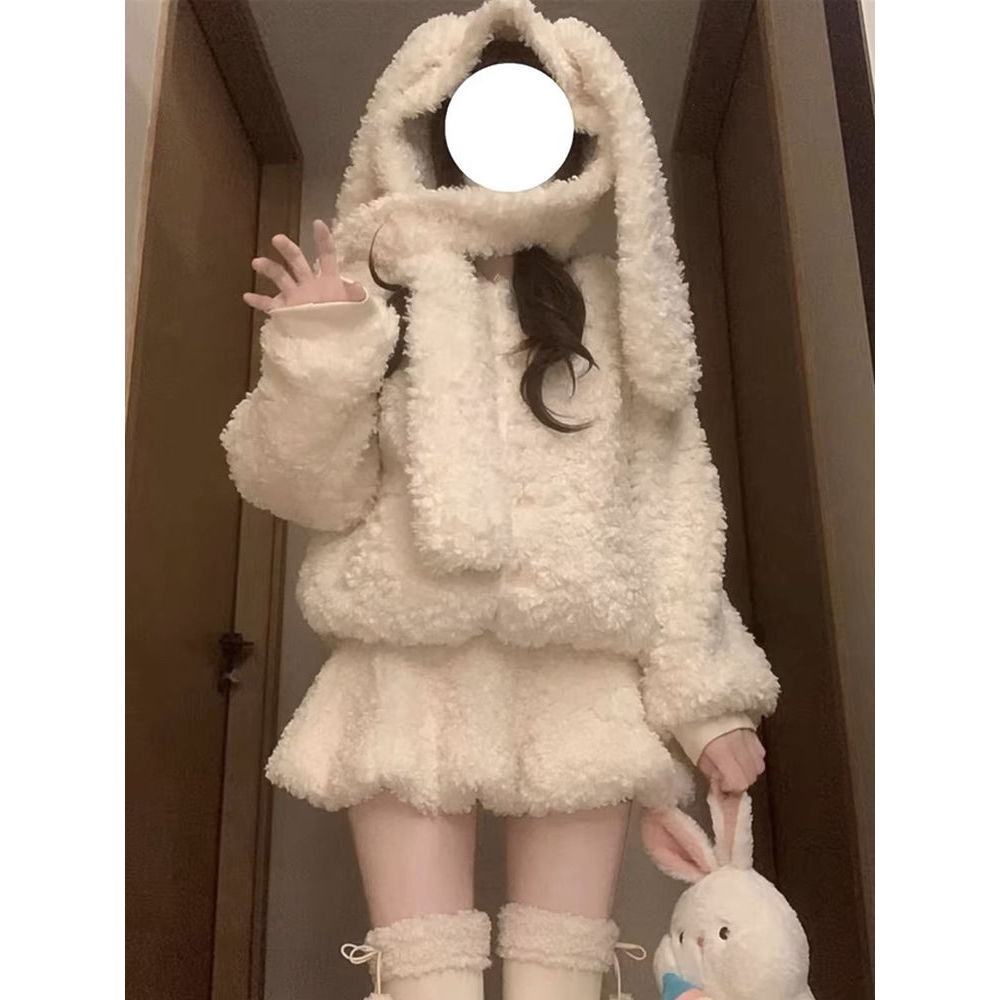 冬日可爱少女甜美减龄兔耳朵外套+高腰短裙洋气套装两件套ins风