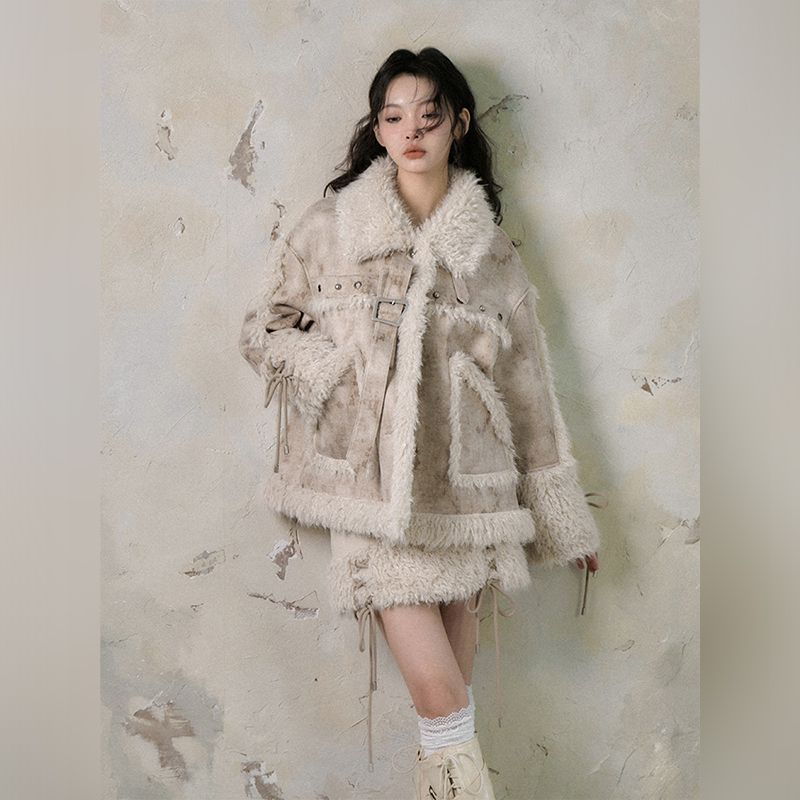 【荒木以序】冬季复古小众设计感皮毛一体外套半身裙套装两件套女